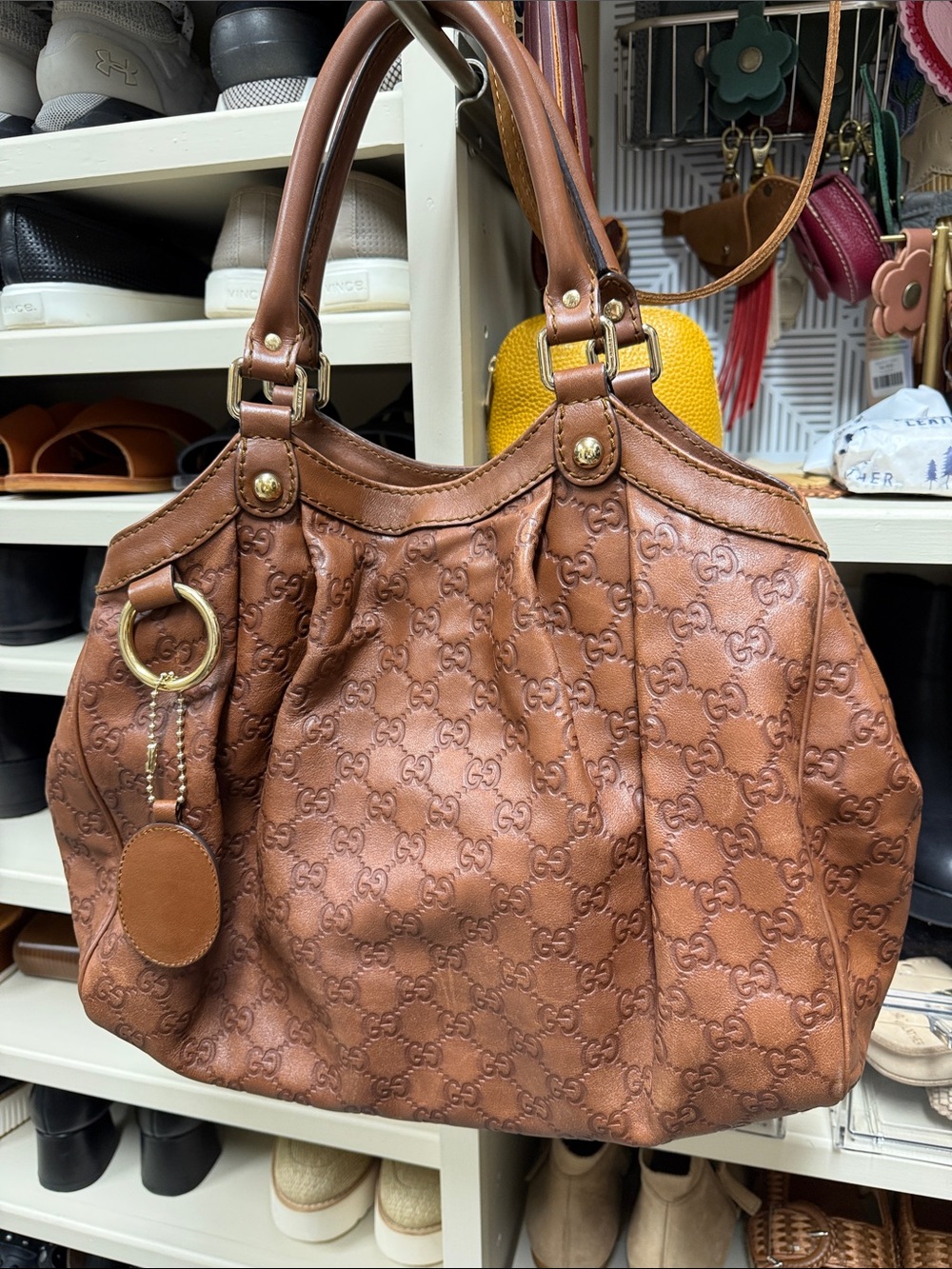Gucci Tan Brown GG Embossed Leather Guccissima Sukey Tote Shoulder Bag